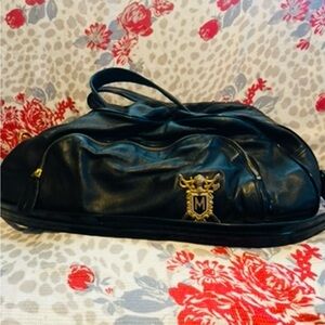 Black Leather Duffel Bag with Gold Logo